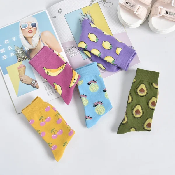 Women Socks Funny Cute Cartoon Fruits Banana lemon pineapple avocado Food Happy Japanese Harajuku skateboard Socks - Image 4