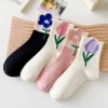 3 Pairs Cotton Women Socks Casual Breathable Japanese Korean Style Cartoon Flower Candy Color Fashion Female Middle Tube Sock - Image 4