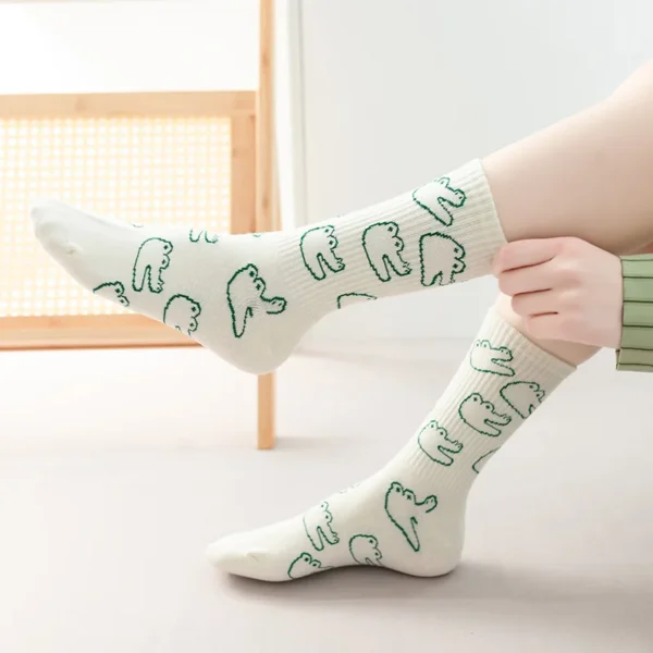2023 Spring Summer Green Smiling Face Women Socks Cotton Kawaii Korean Japanese Designer Socks Cartoon Dinosaur Socks - Image 4