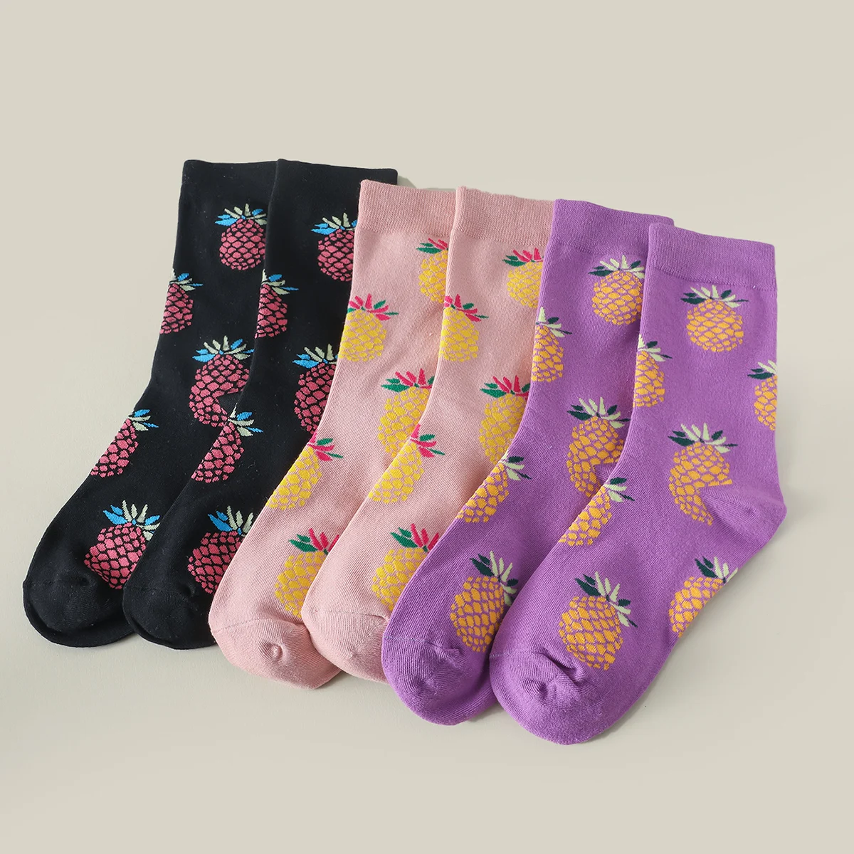 3 Pairs Women's Pineapple Pattern Cartoon Funny Socks Comfort Breathable Crew Cotton Socks Lot, Women's Stockings & Hosiery