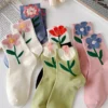 3 Pairs Cotton Women Socks Casual Breathable Japanese Korean Style Cartoon Flower Candy Color Fashion Female Middle Tube Sock