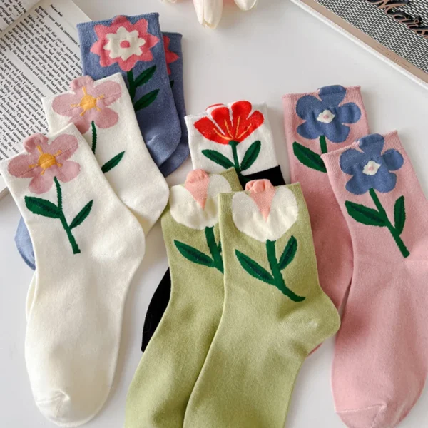 3 Pairs Cotton Women Socks Casual Breathable Japanese Korean Style Cartoon Flower Candy Color Fashion Female Middle Tube Sock