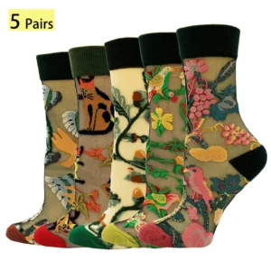 5 Pairs/Set France Hipster Design Glass Silk Floral Bird Funny Socks Women Transparent Art Ankle Socks Jacquard