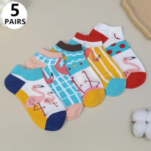 5 Pairs Women Cartoon Cute Flamingo Print Ankle Socks, Soft & Breathable Spring Summer Short Socks, Women's Stockings & Hosiery