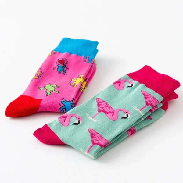1Pair 35-44 Men Casual Cotton Sock Harajuku Cartoon Flamingo Loving Heart Cute Funny Character Japanese Socks - Image 3