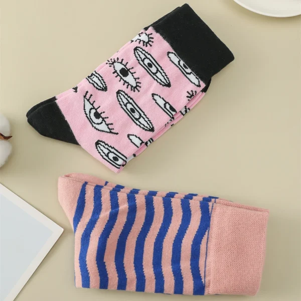 2 Pairs Women's Socks Eyes Striped Pattern Fashion Trendy Crew Socks Streetwear Spring Summer Autumn Winter Female Socks Lot - Image 4