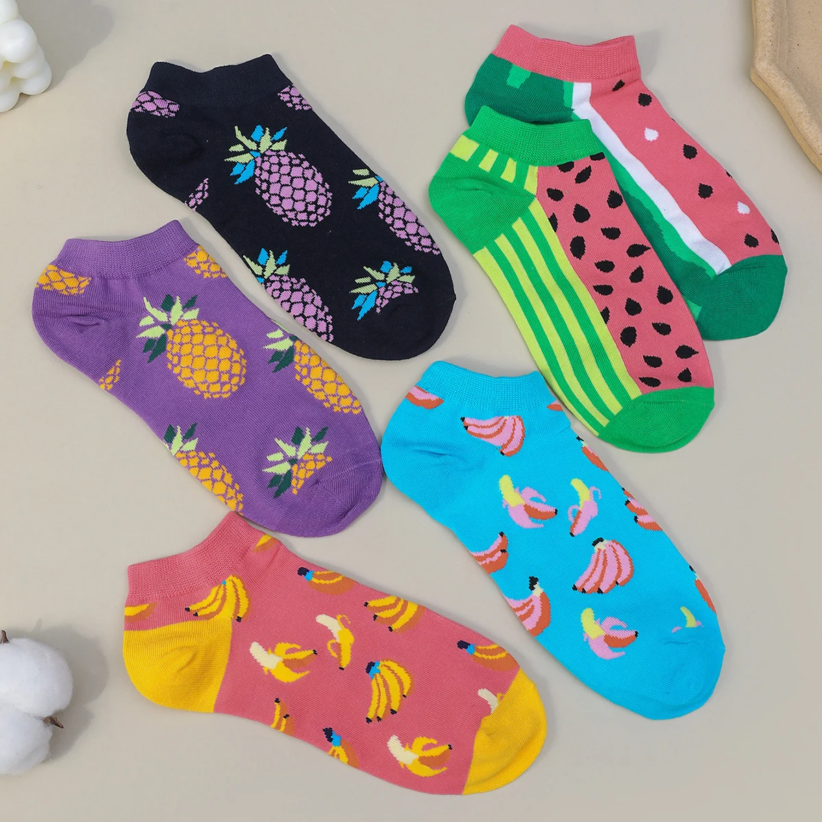 2 Pairs Women Men Pineapple Watermelon Banana Fruit Pattern Cartoon Cute Ankle Socks Breathable Soft Spring Summer Short Socks