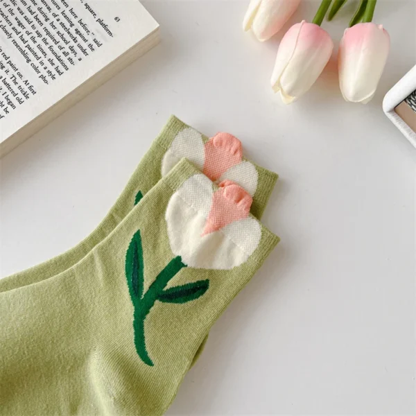 3 Pairs Cotton Women Socks Casual Breathable Japanese Korean Style Cartoon Flower Candy Color Fashion Female Middle Tube Sock - Image 2